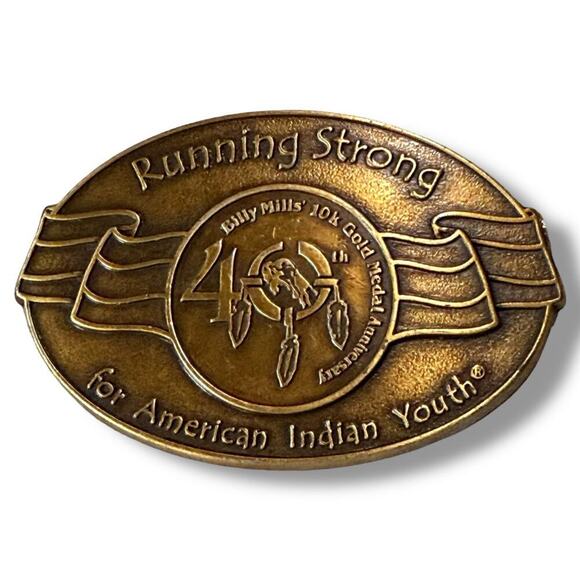 VTG Brass Belt Buckle Running Strong for American Indian Youth 40th Anniversary